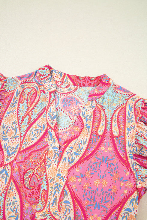 Bohemian Paisley Print Ruffled Notch Neck Floral Dress