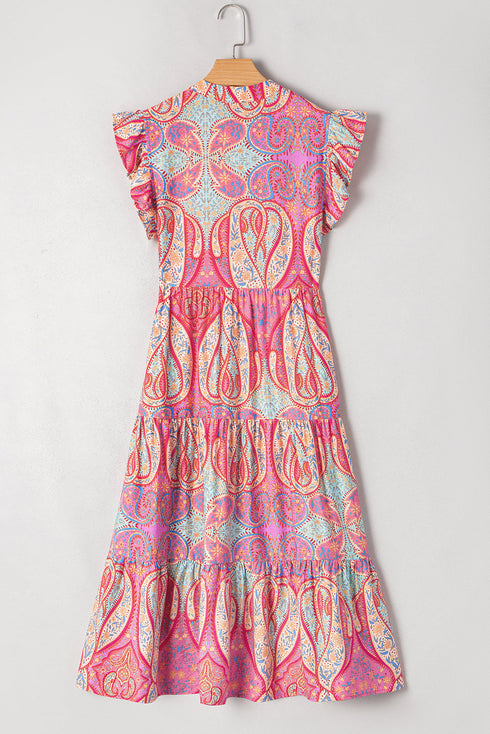 Bohemian Paisley Print Ruffled Notch Neck Floral Dress