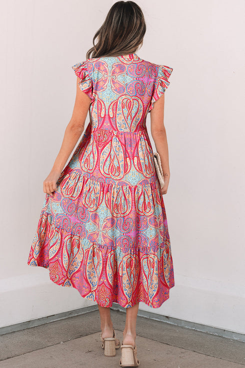 Bohemian Paisley Print Ruffled Notch Neck Floral Dress