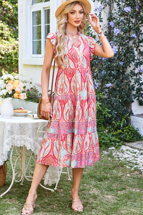 Bohemian Paisley Print Ruffled Notch Neck Floral Dress