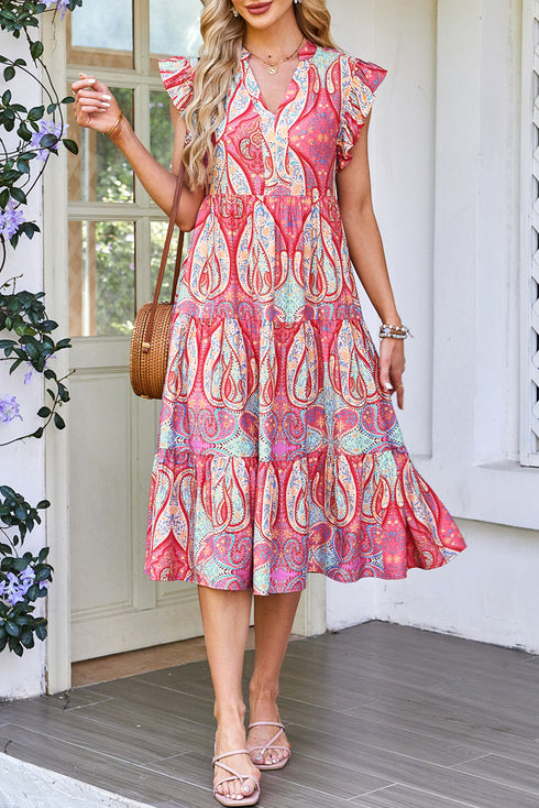 Bohemian Paisley Print Ruffled Notch Neck Floral Dress