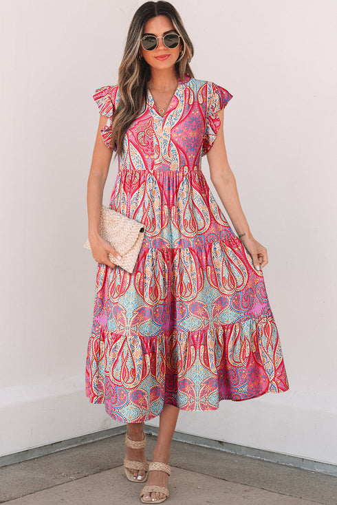 Bohemian Paisley Print Ruffled Notch Neck Floral Dress
