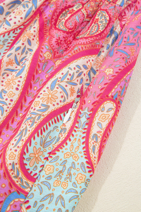 Bohemian Paisley Print Ruffled Notch Neck Floral Dress