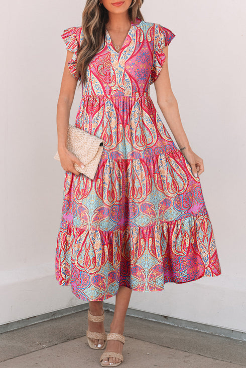 Bohemian Paisley Print Ruffled Notch Neck Floral Dress