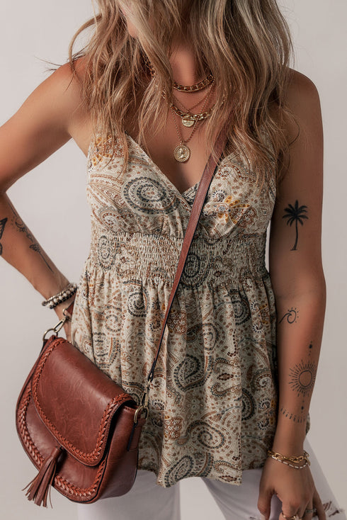 Bohemian Paisley Print Smocked Waist Surplice Tank Top