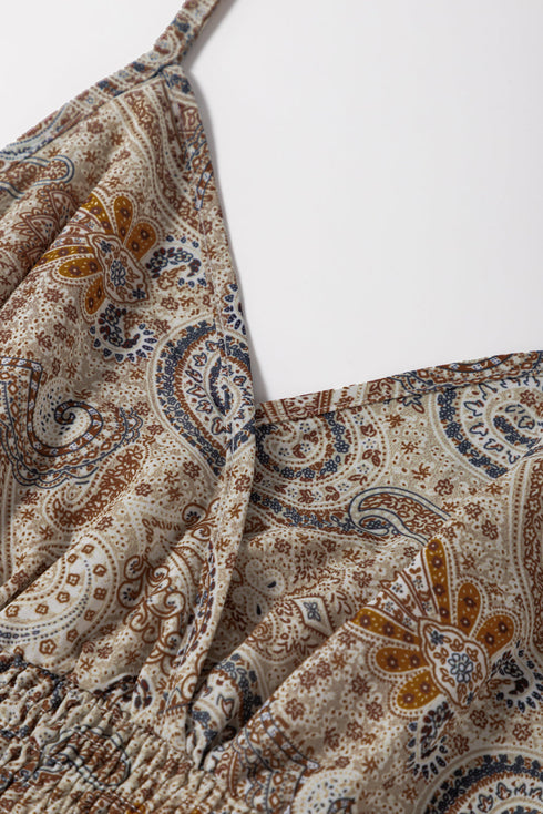 Bohemian Paisley Print Smocked Waist Surplice Tank Top