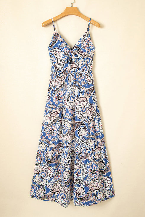Bohemian Paisley Print Twist Detail Smocked Back Maxi Dress