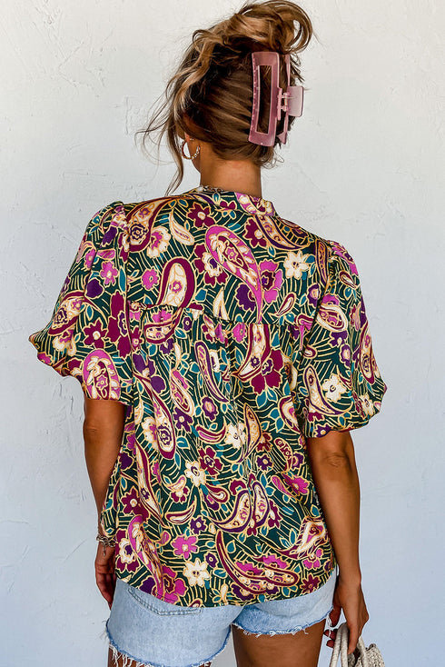 Bohemian Paisley Print V Neck Bubble Sleeve Blouse