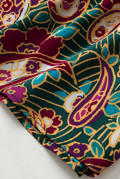 Bohemian Paisley Print V Neck Bubble Sleeve Blouse