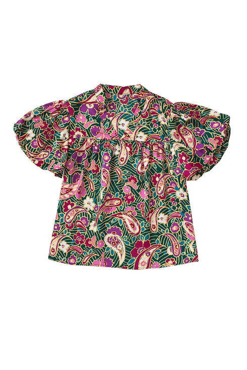 Bohemian Paisley Print V Neck Bubble Sleeve Blouse