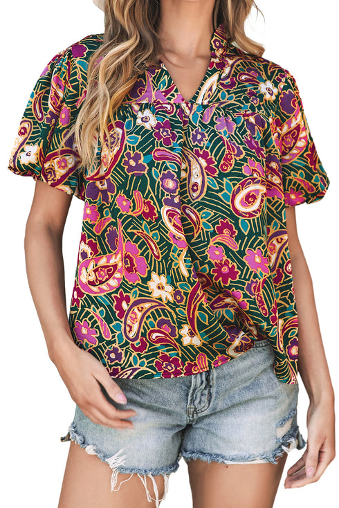 Bohemian Paisley Print V Neck Bubble Sleeve Blouse