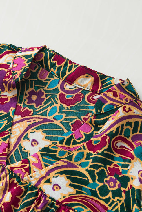 Bohemian Paisley Print V Neck Bubble Sleeve Blouse