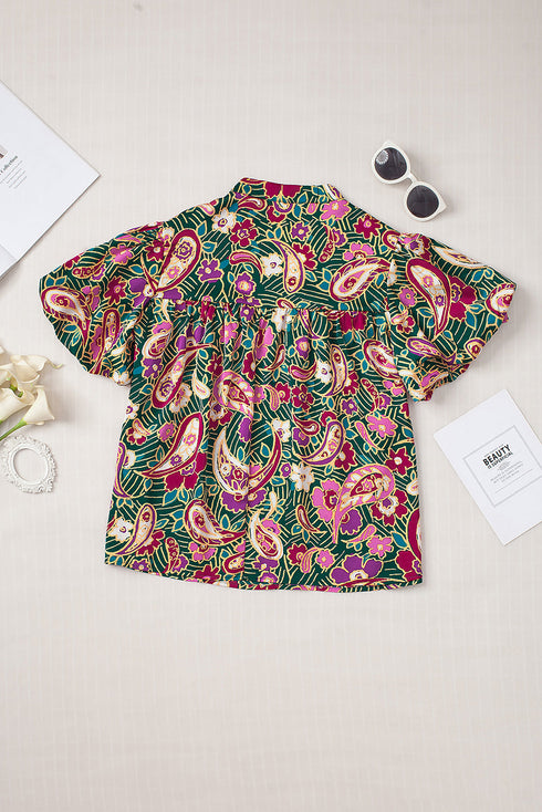 Bohemian Paisley Print V Neck Bubble Sleeve Blouse