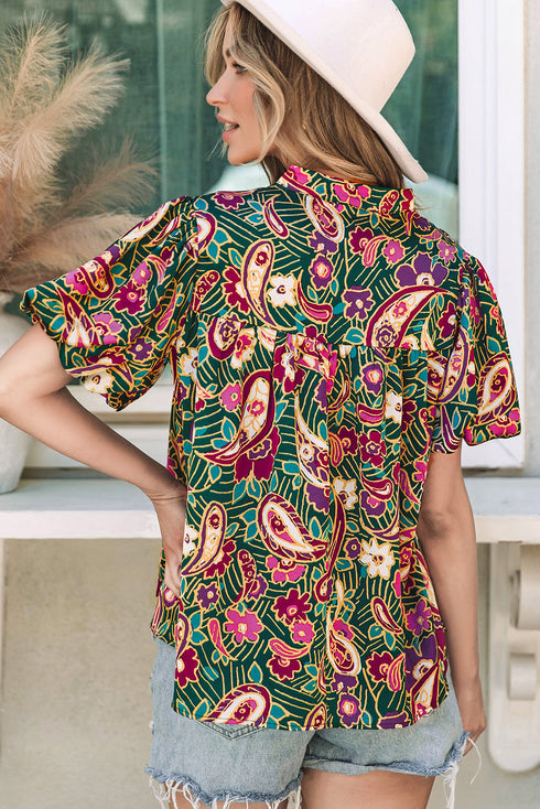 Bohemian Paisley Print V Neck Bubble Sleeve Blouse