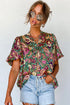 Bohemian Paisley Print V Neck Bubble Sleeve Blouse