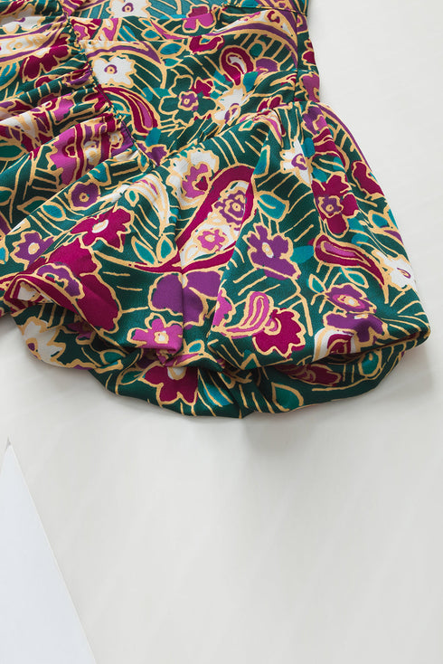Bohemian Paisley Print V Neck Bubble Sleeve Blouse