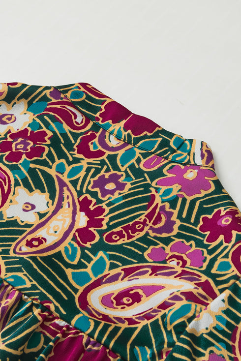 Bohemian Paisley Print V Neck Bubble Sleeve Blouse