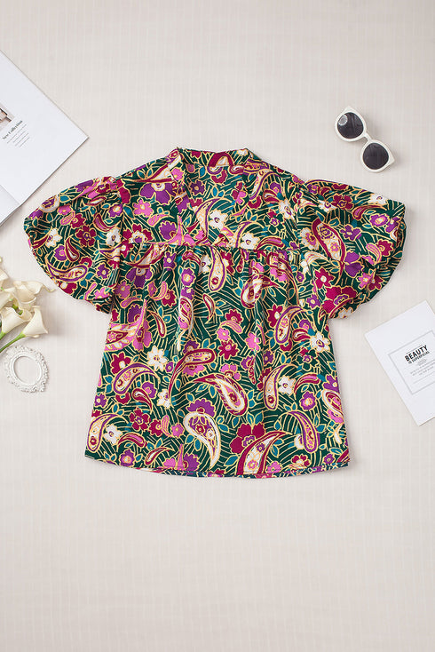 Bohemian Paisley Print V Neck Bubble Sleeve Blouse