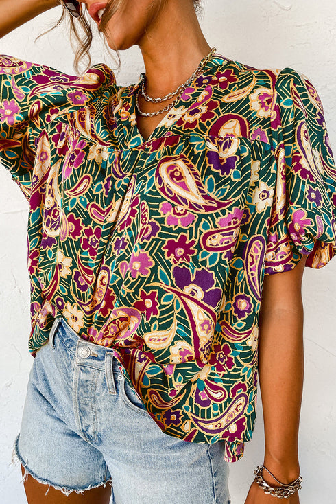 Bohemian Paisley Print V Neck Bubble Sleeve Blouse