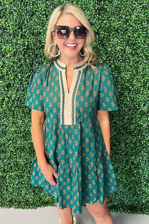 Bohemian Patchwork Accent Trim Short Sleeve Floral Dress