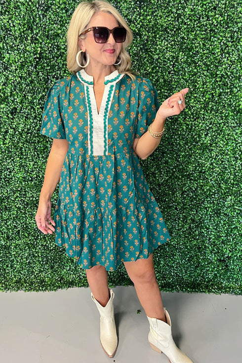 Bohemian Patchwork Accent Trim Short Sleeve Floral Dress
