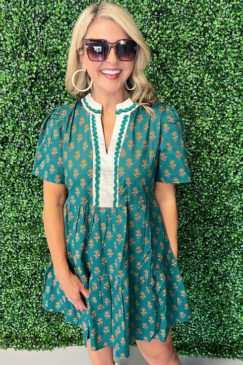 Bohemian Patchwork Accent Trim Short Sleeve Floral Dress