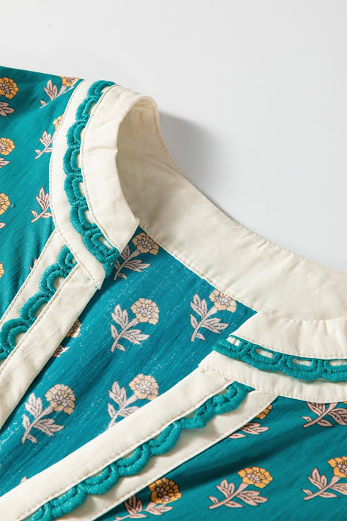 Bohemian Patchwork Accent Trim Short Sleeve Floral Dress