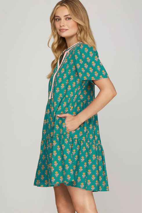 Bohemian Patchwork Accent Trim Short Sleeve Floral Dress