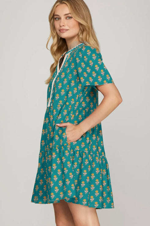 Bohemian Patchwork Accent Trim Short Sleeve Floral Dress