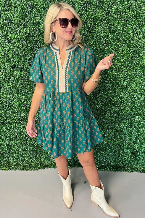 Bohemian Patchwork Accent Trim Short Sleeve Floral Dress