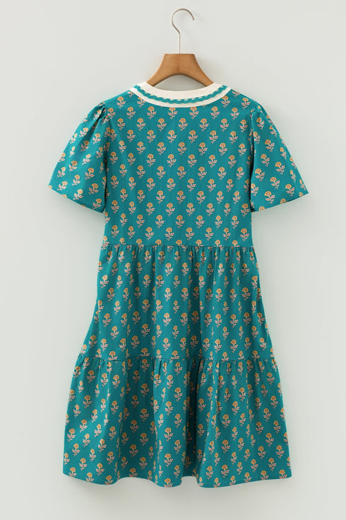 Bohemian Patchwork Accent Trim Short Sleeve Floral Dress