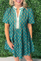Bohemian Patchwork Accent Trim Short Sleeve Floral Dress