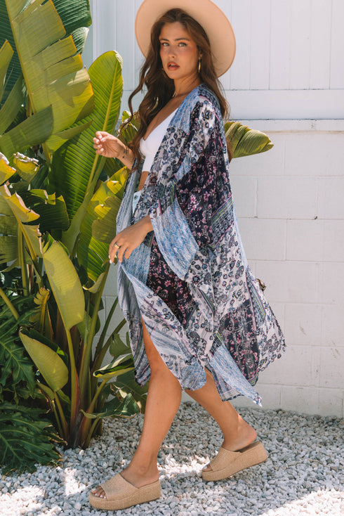 Bohemian Patchwork Print Open Front Resort Kimono