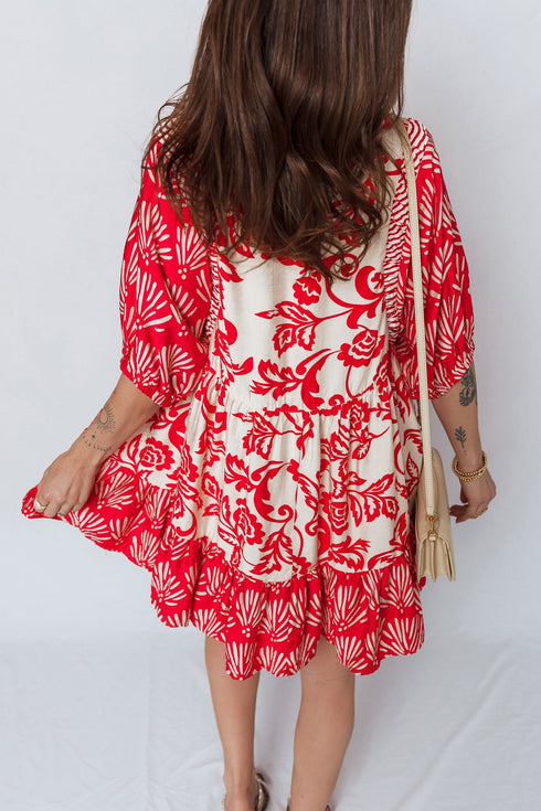Bohemian Patchwork V Neck Half Sleeve Floral Dress