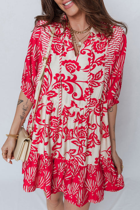 Bohemian Patchwork V Neck Half Sleeve Floral Dress