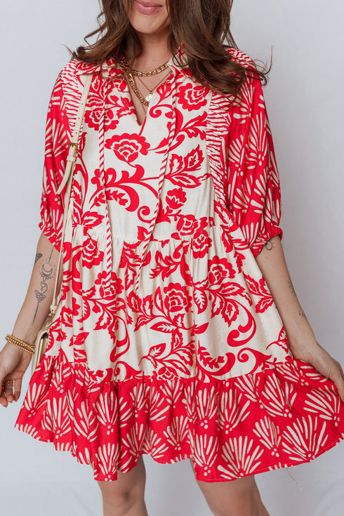 Bohemian Patchwork V Neck Half Sleeve Floral Dress