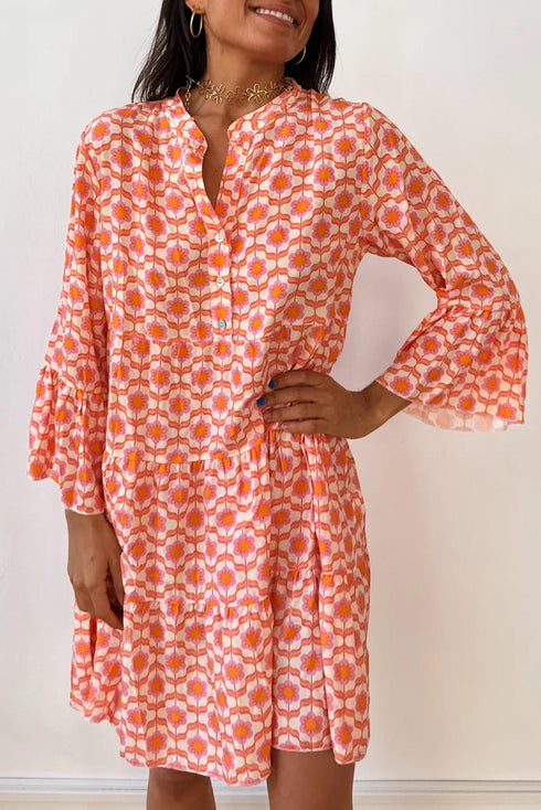 Bohemian Print Flounce Sleeve Buttoned Front Floral Dress