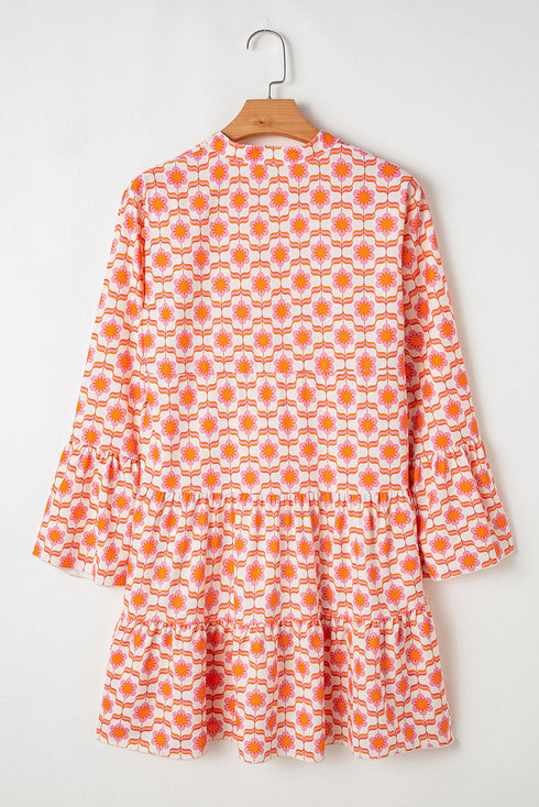 Bohemian Print Flounce Sleeve Buttoned Front Floral Dress