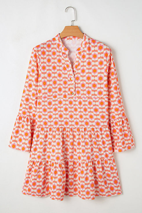 Bohemian Print Flounce Sleeve Buttoned Front Floral Dress