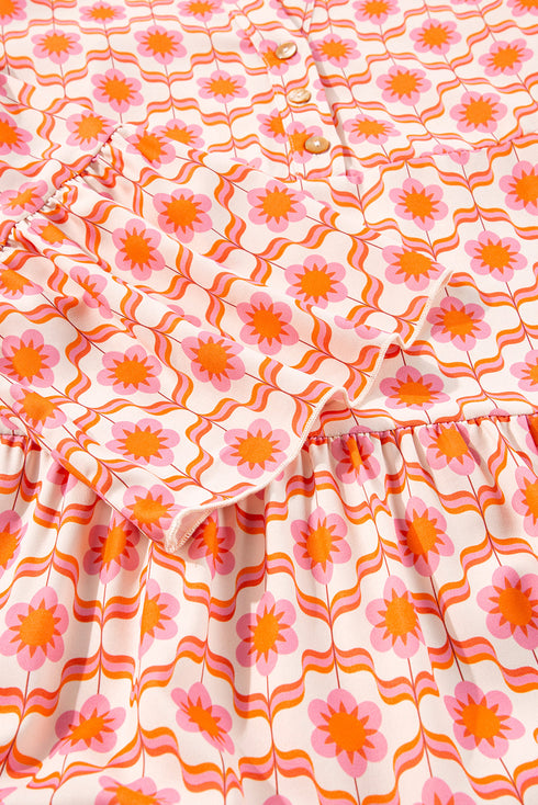 Bohemian Print Flounce Sleeve Buttoned Front Floral Dress