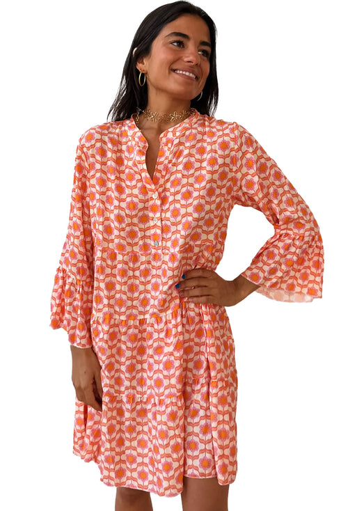 Bohemian Print Flounce Sleeve Buttoned Front Floral Dress