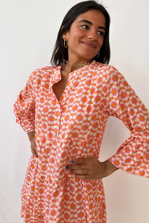 Bohemian Print Flounce Sleeve Buttoned Front Floral Dress