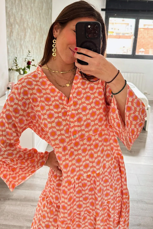 Bohemian Print Flounce Sleeve Buttoned Front Floral Dress