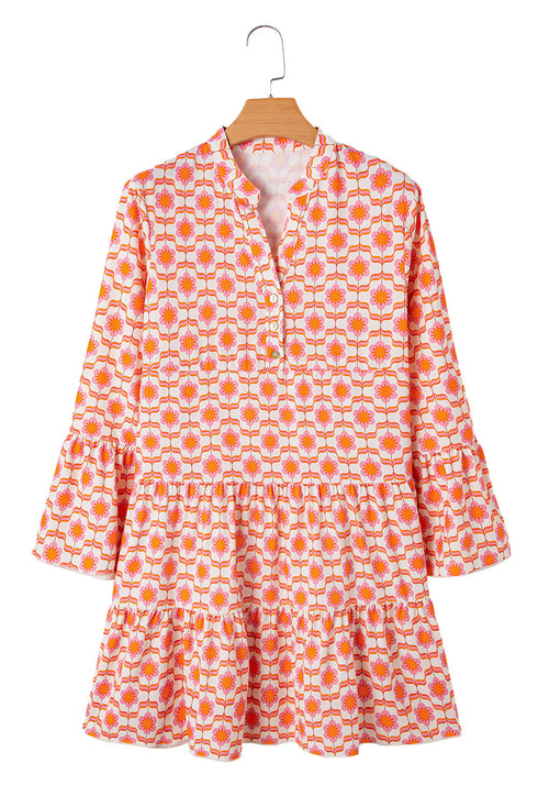 Bohemian Print Flounce Sleeve Buttoned Front Floral Dress