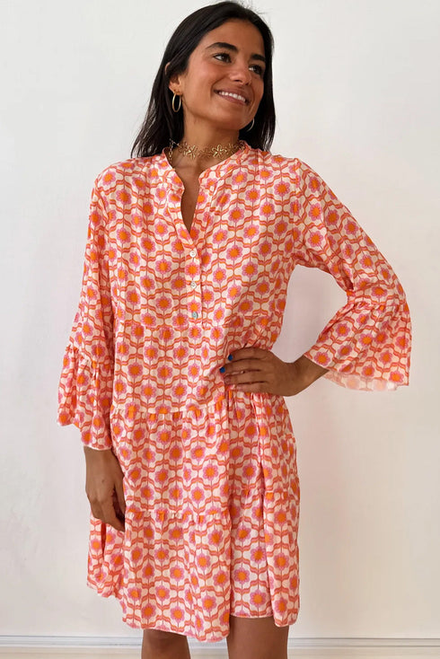 Bohemian Print Flounce Sleeve Buttoned Front Floral Dress