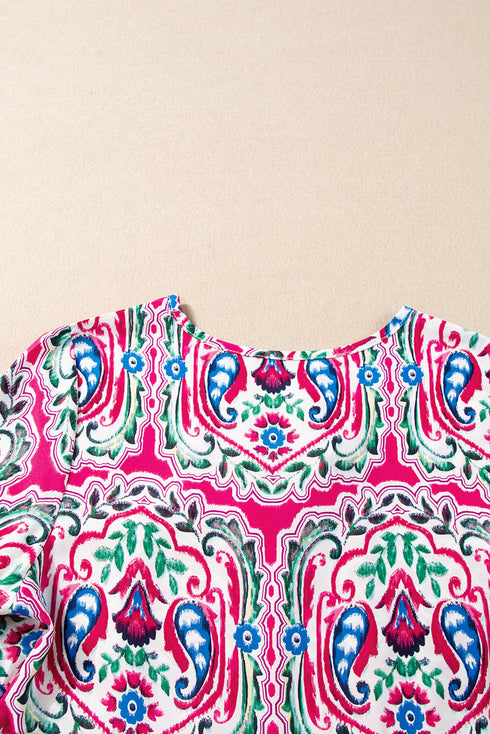 Bohemian Print Short Sleeve Button Front Tiered Dress