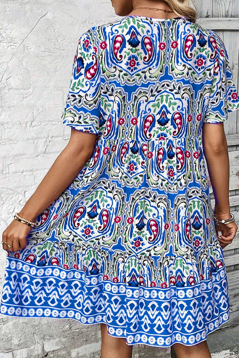Bohemian Print Short Sleeve Button Front Tiered Dress