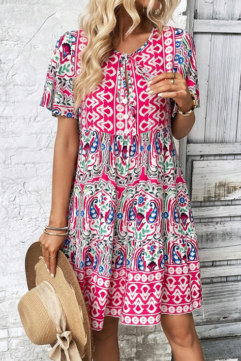 Bohemian Print Short Sleeve Button Front Tiered Dress
