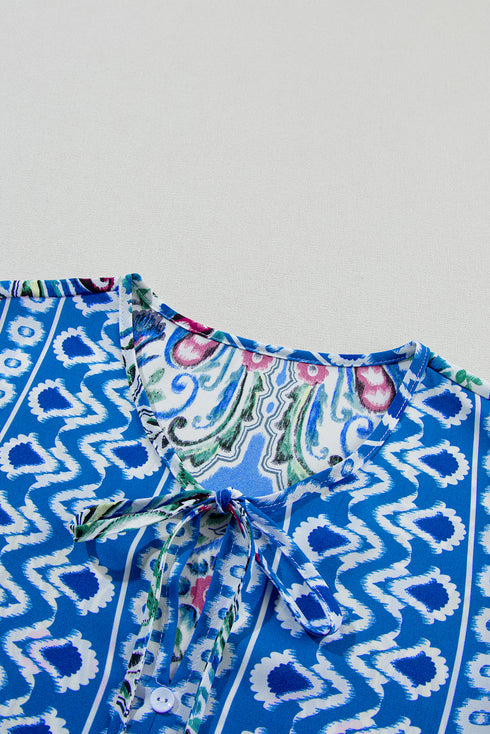 Bohemian Print Short Sleeve Button Front Tiered Dress