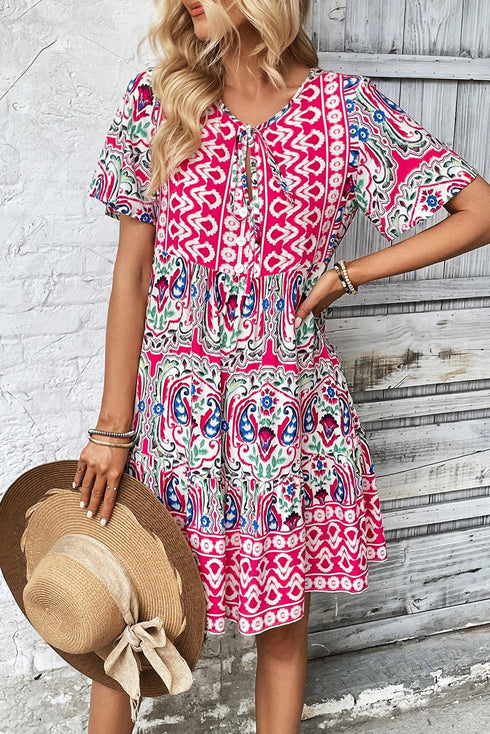 Bohemian Print Short Sleeve Button Front Tiered Dress